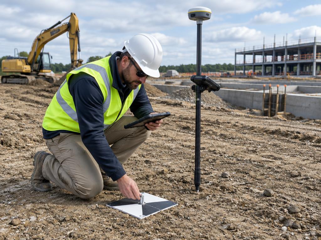 Геодезист поставя опорна точка до GNSS приемник на строителен обект